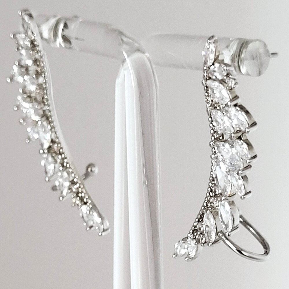Cubic Zirconia Climber Cuff Post Earrings Marquise cut CZ Rhodium Plated 1.5"